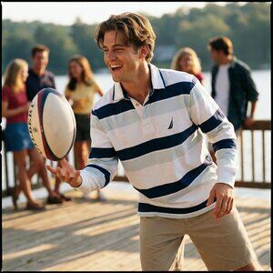 Nautica Mens Rugby Shirt Large Navy White Stripe Long Sleeve Polo A Bit Trimmer